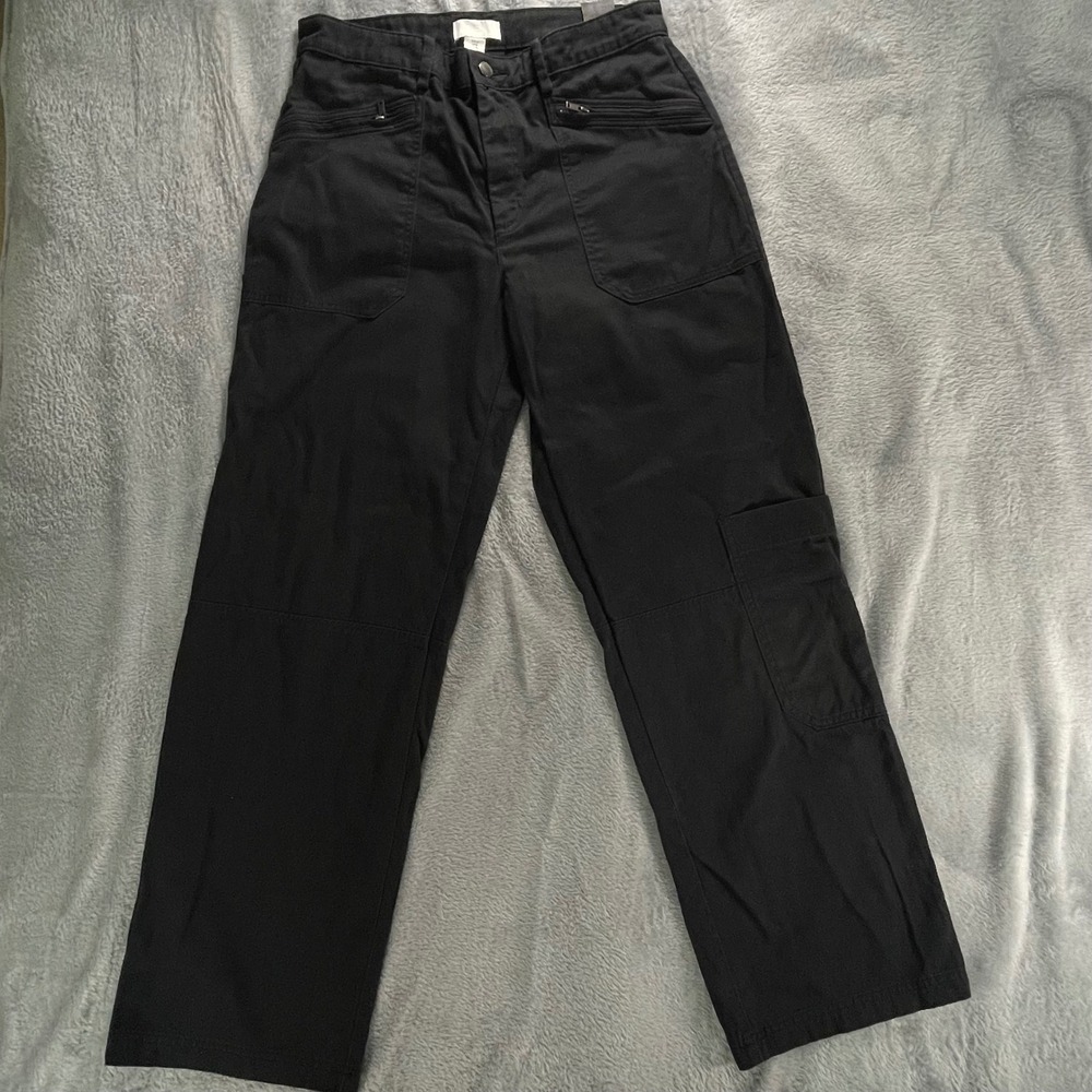 H&M Black Cargo Pants Women Size 10 Wide Leg Utility Pockets‎ Zip Detail